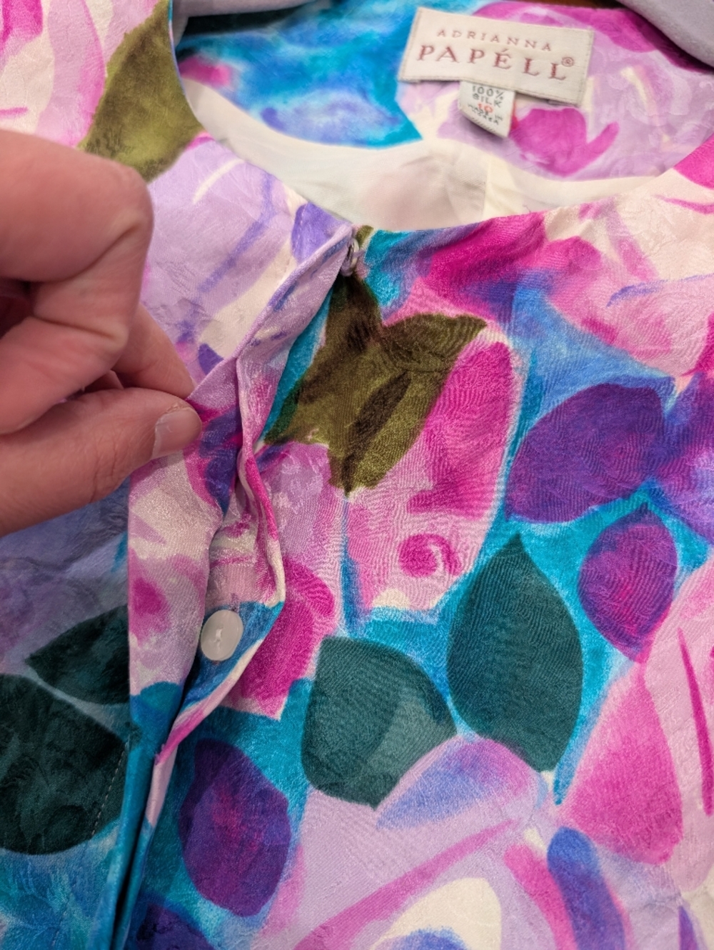 Adrianna Papell Vintage Soup Silk Floral Button DownTop - Teal Pink Purple Sz 10 - Picture 5 of 8